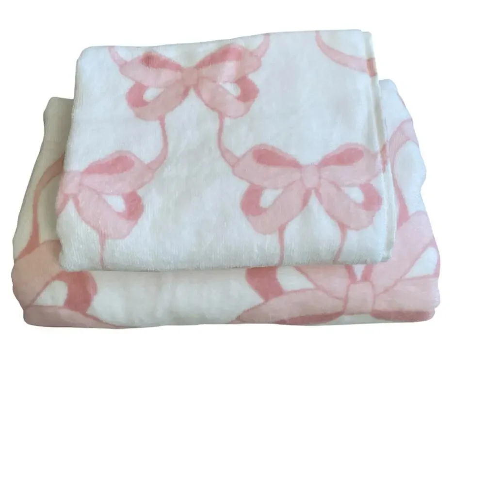 Kassafina Coquette Pink Bow Hand & Bath Towel 4PC Set 100% Cotton White NEW